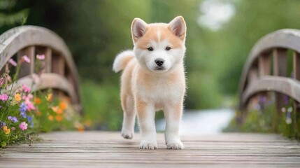 Portrait of adorable puppies concept. Adorable Akita Puppy on Wooden Bridge in Nature