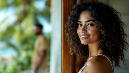 Beautiful biracial woman standing at a window on vacation in a tropical location resort on her honeymoon with her husband in the background
