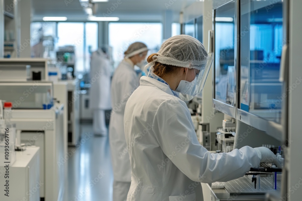 Poster Two scientists in lab coats and face masks work in a laboratory.