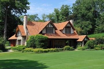 A charming stone and wood house with a large green lawn and lush landscaping.