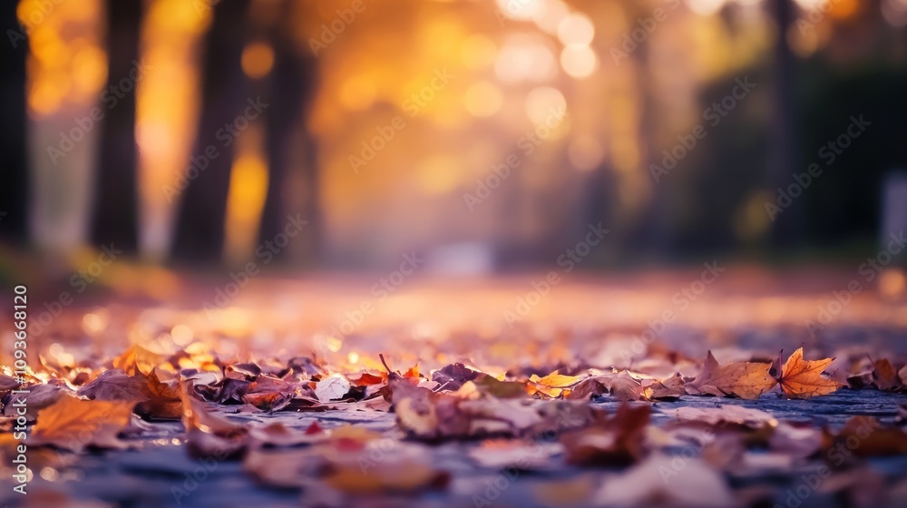 Poster Fallen autumn leaves on a path in a forest with warm sunlight filtering through the trees.