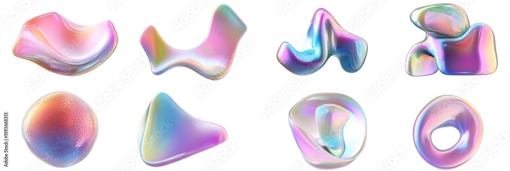 Aufkleber set of eight iridescent abstract shapes isolated on white background.