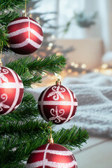 Christmas tree decoration balls with bokeh background and copy space