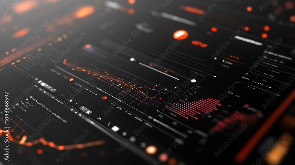 Poster Abstract futuristic interface with data visualization and graphs.