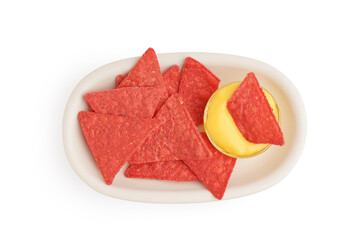 Plate with tasty red nachos and cheese sauce on white background