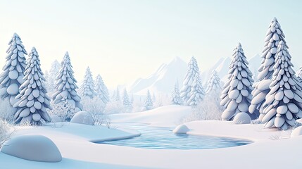 Fototapeta premium Serene winter landscape with snow-covered trees, mountains, and a frozen pond.