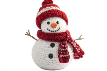 A smiling snowman with a red knit hat and scarf, standing against a white background.