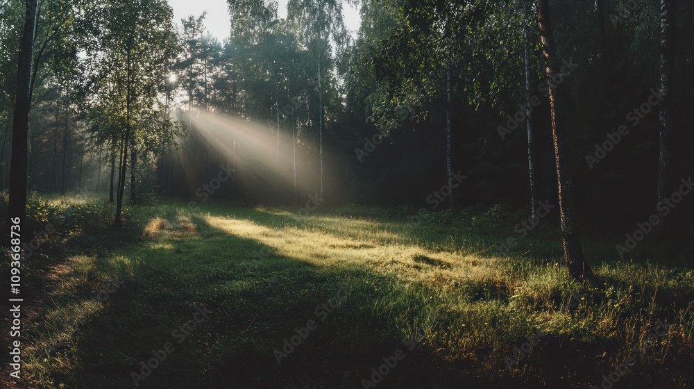 Poster Sunlight beams through the trees in a misty forest clearing.