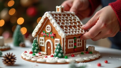 Children decorate gingerbread house, cozy homely Christmas atmosphere.