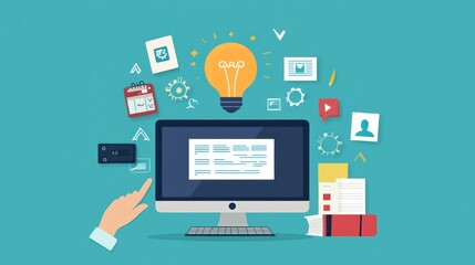 A hand points to a computer screen with text, a lightbulb, and various icons around it on a teal background, representing ideas and inspiration.