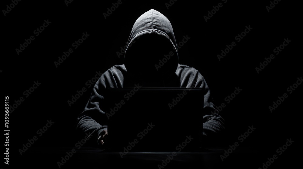 Poster a hooded figure sits in the dark, working on a laptop. their face is hidden from view.