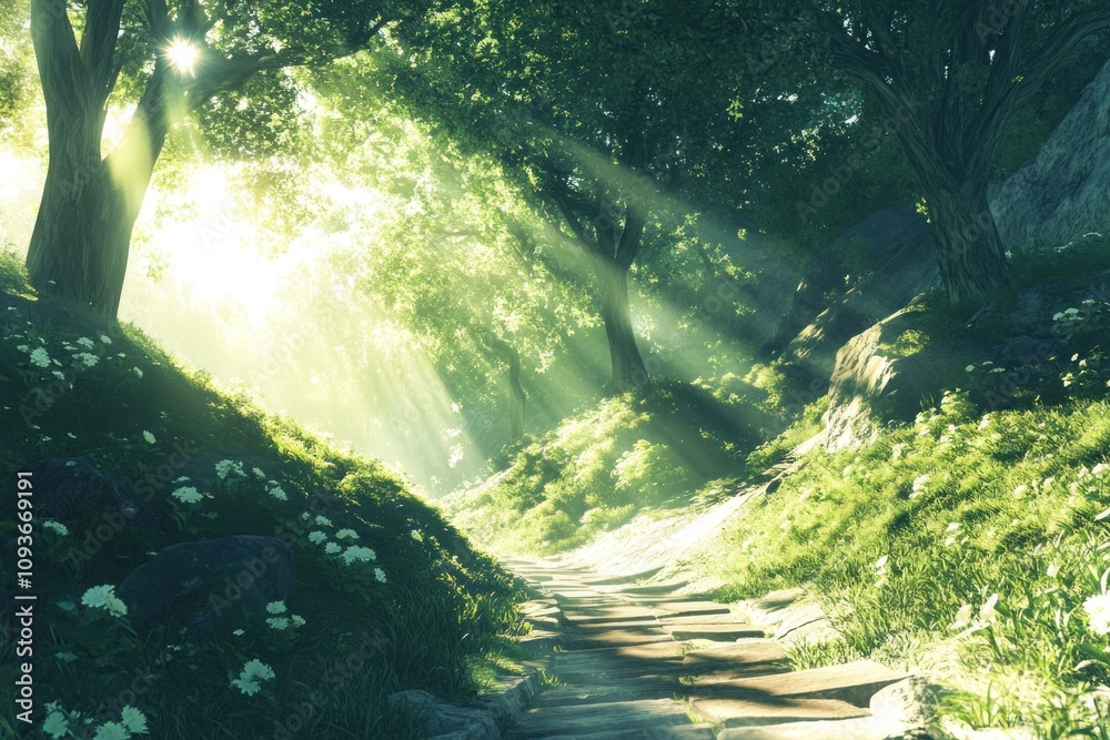 Poster sunbeams illuminate a pathway through a lush green forest, creating a sense of peace and tranquility