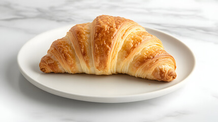 A classic French croissant with golden flaky layers served on a white plate.
