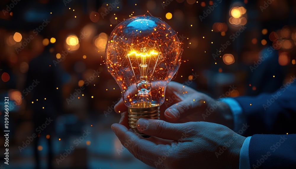 Aufkleber A Hand Holding a Glowing Lightbulb with Sparks and a Blurred Background