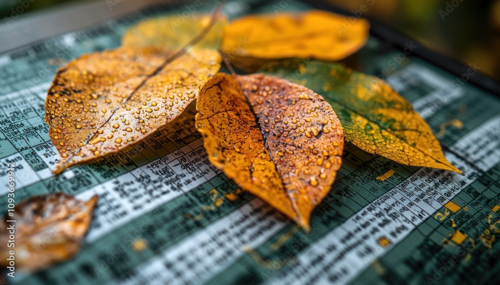 Poster autumn leaves with dew drops on a gridded surface