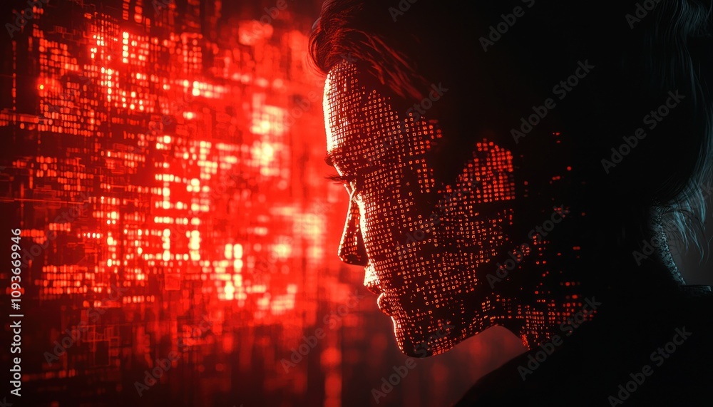 Aufkleber a profile of a person composed of red luminous data