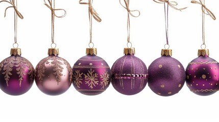 hanging purple and gold Christmas ornaments with ribbons, snowflakes