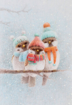 Birds in hats on a tree branch