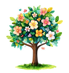 Fototapeta premium Colorful cartoon tree with blooming flowers.