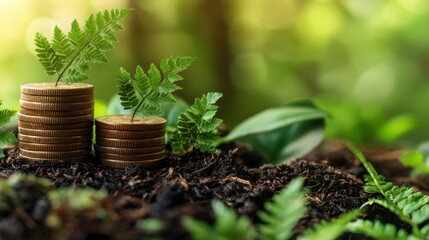 Coins Stacked with Plants Growing on Top in Soil