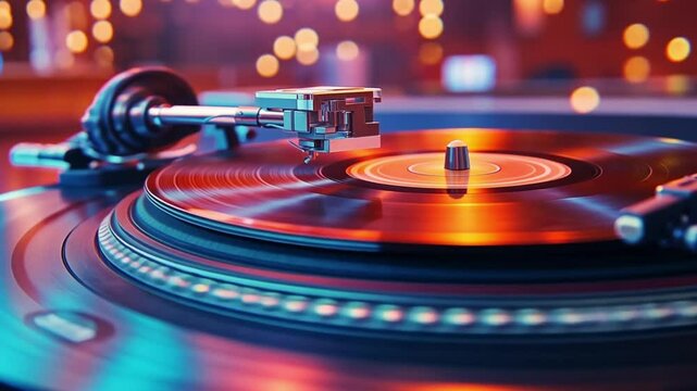 A close-up of a turntable with a vinyl record spinning, illuminated with colorful lights.