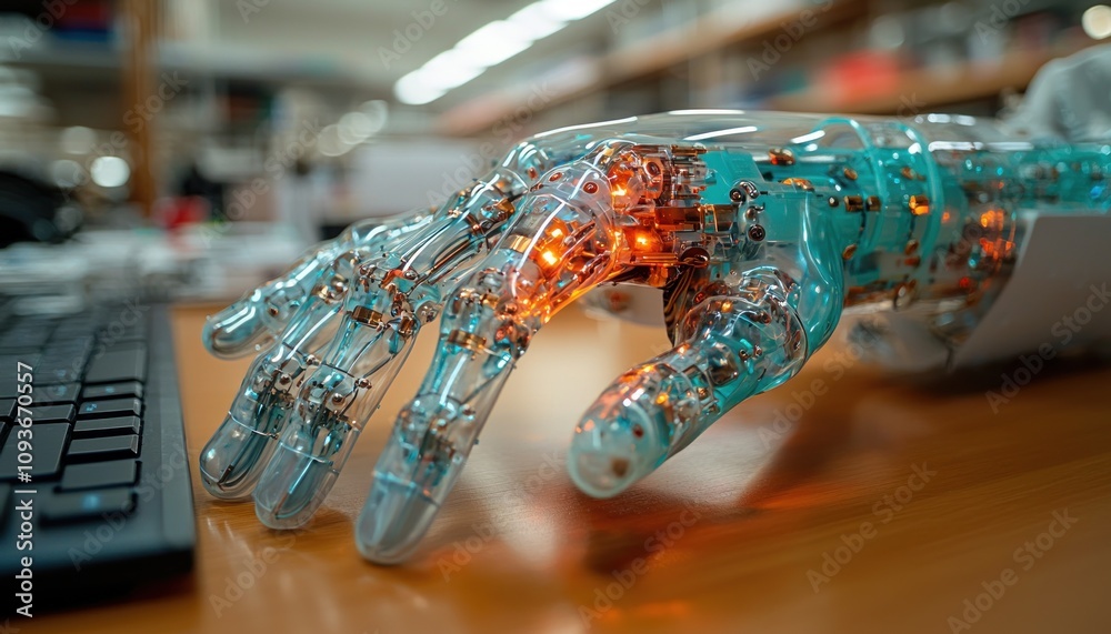 Poster A Transparent Robotic Hand with Glowing Lights Interacting with a Keyboard