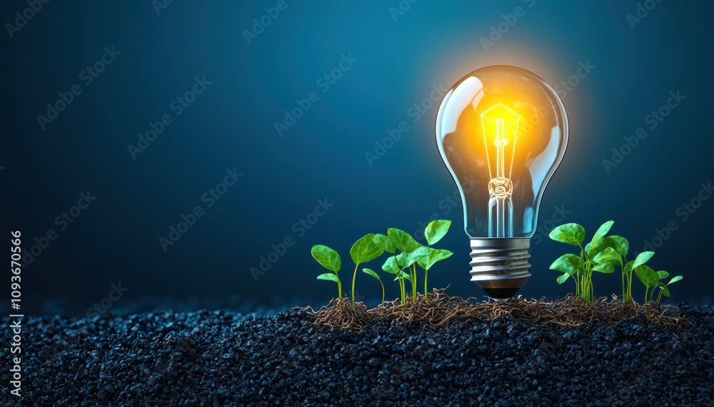 Aufkleber illuminated light bulb with sprouting plants emerging from soil