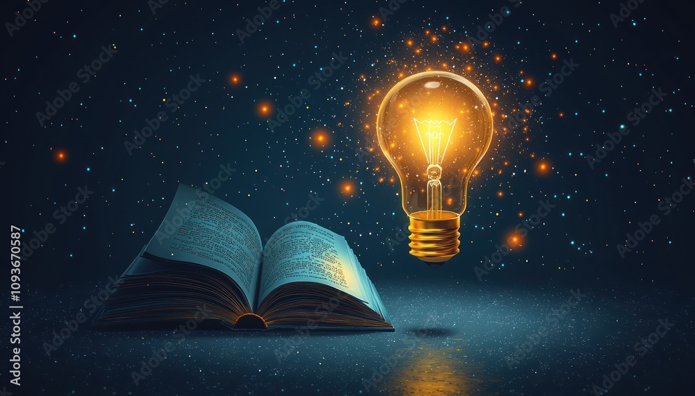 Poster glowing light bulb above open book against dark background with stars