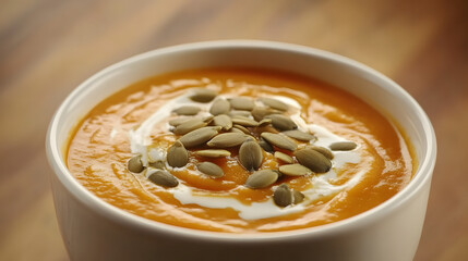 A creamy bowl of butternut squash soup garnished with pumpkin seeds and a drizzle of cream.