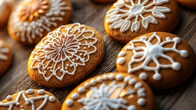 Closeup of gingerbread cookies decorated with white icing and intricate designs.