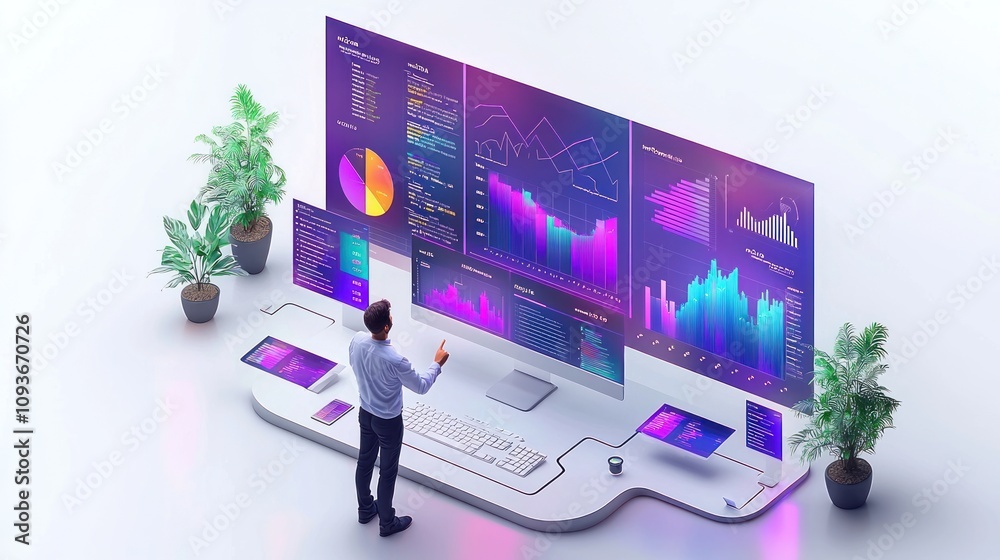 Poster Man Analyzing Data on Multiple Monitors in Modern Office Setting