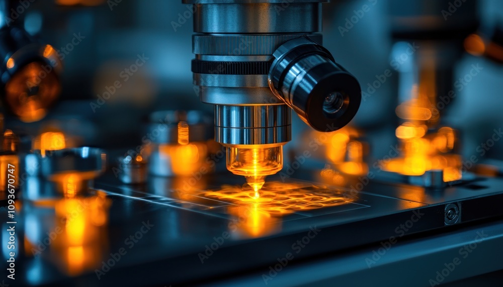Poster Close-up of a Microscope Lens Focused on a Sample with Orange Light Illuminating It