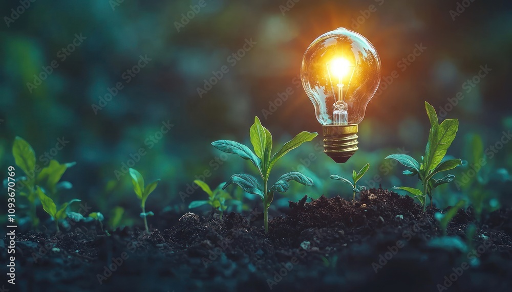 Poster a lightbulb floating above growing plants in soil