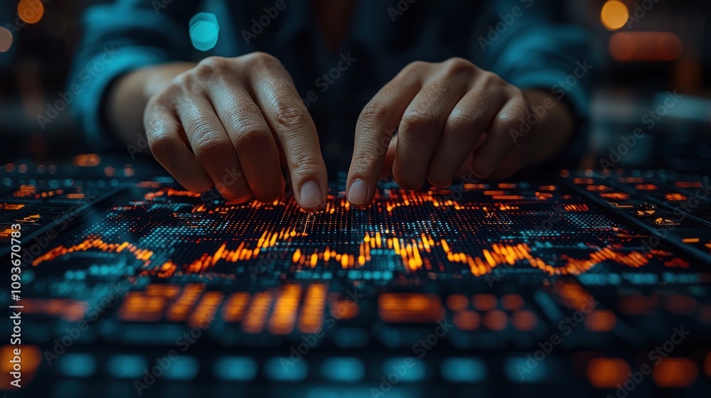 Poster Hands Interacting with Glowing Data on a Technological Surface