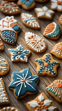 Closeup of intricately decorated gingerbread cookies with white, blue, and orange icing.