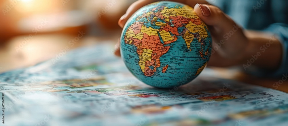 Poster close-up of a hand holding a miniature globe with a blurred background
