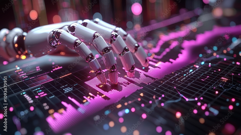 Poster Robotic Hand Interacting with a Digital Interface Showing Financial Data