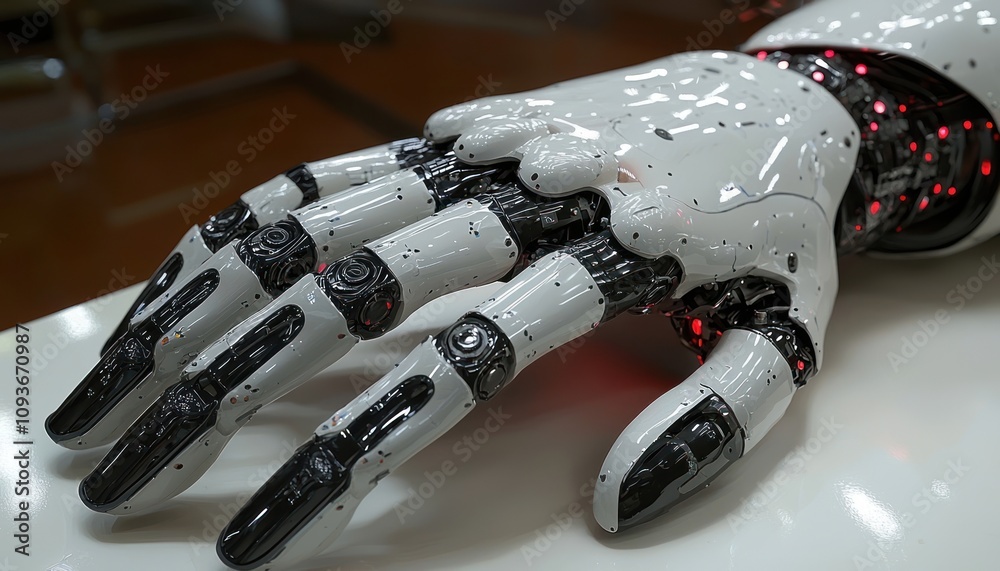 Aufkleber Robotic Hand with Red Lights and Shiny White Surface