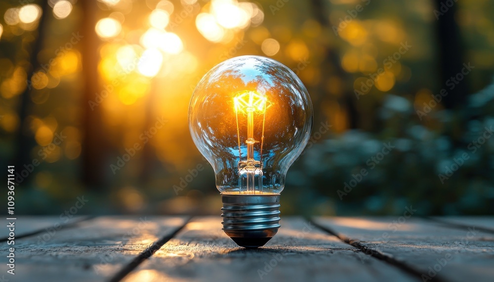 Aufkleber Illuminated Lightbulb on a Wooden Surface with a Bokeh Background of Trees and Sunlight