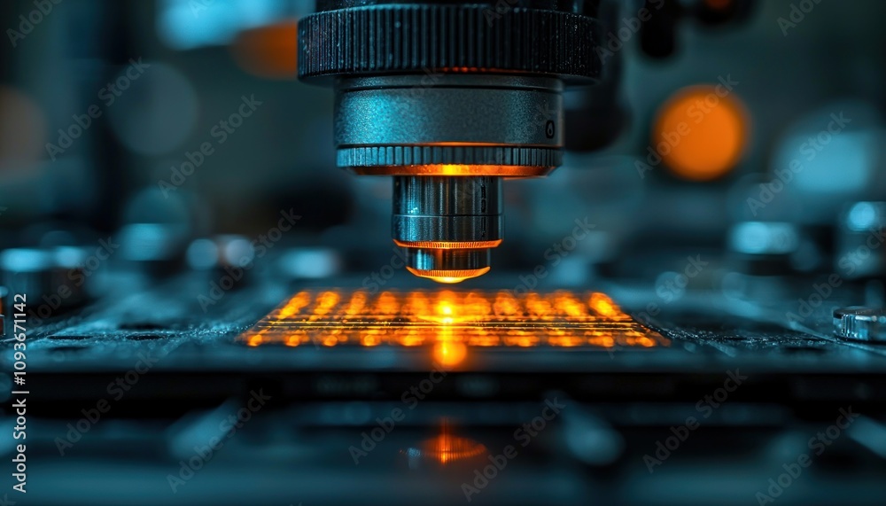 Poster Close-up of a microscope lens illuminated by a circuit board