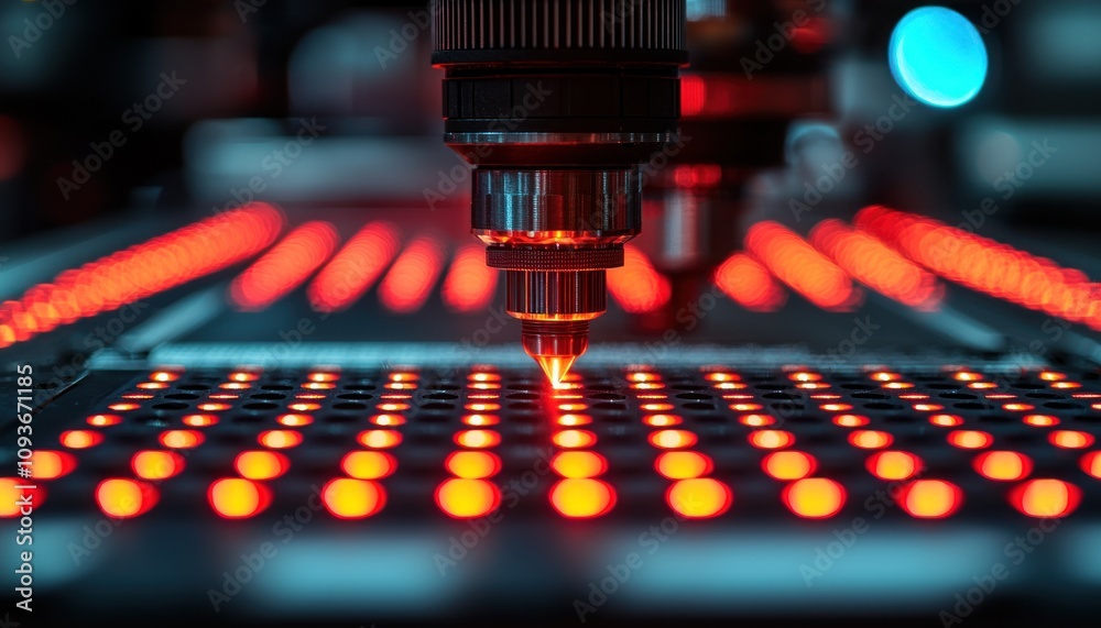 Poster Close-up of a robotic arm soldering circuit board components with red LED lights.