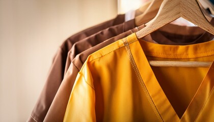 Close up of medical scrubs in yellow and brown shades hanging on cloth hangers.