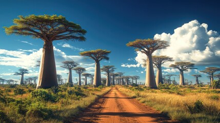 Obraz premium The ancient baobab trees of the Savannah stand like natural monuments under a vibrant blue sky, their enormous trunks casting long shadows across the dry earth.