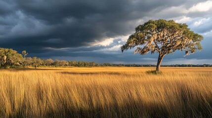 Fototapeta premium An impending storm looms over the Savannah, its dark clouds casting dramatic shadows over the golden grasses, a scene brimming with tension and beauty.
