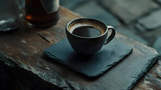 A dark espresso doppio served in a minimalist ceramic cup on a slate saucer.