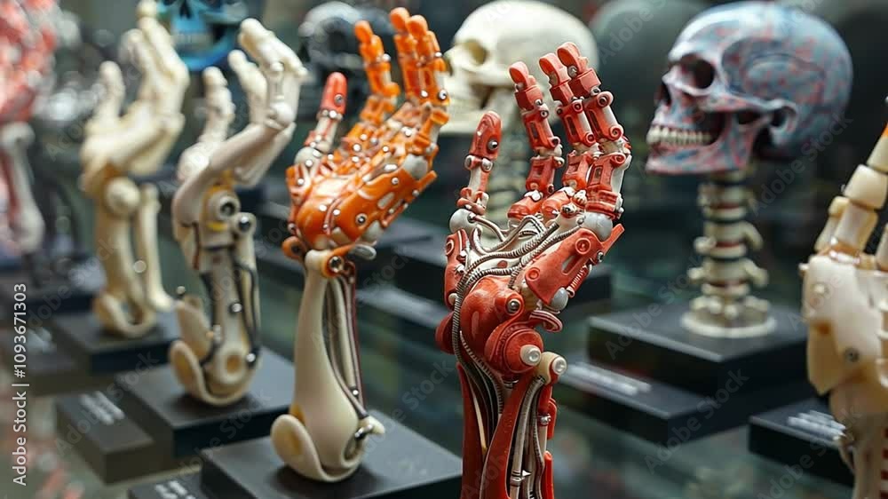 Poster A collection of intricately designed robotic hands and decorative skull models is showcased at an exhibition, highlighting innovative prosthetics and technology in the field of robotics.
