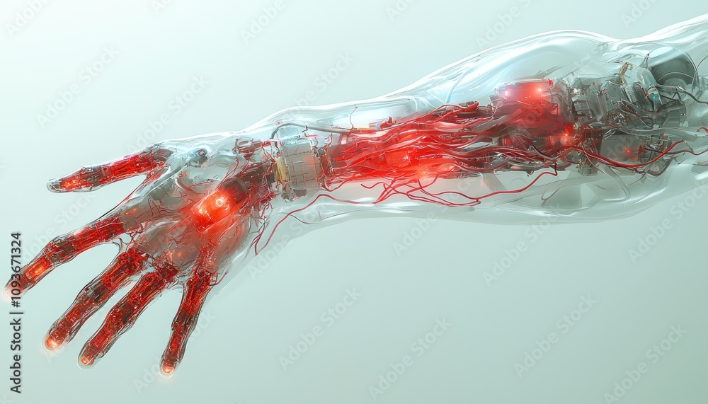 Poster transparent robotic hand with visible internal wiring and red glowing lights