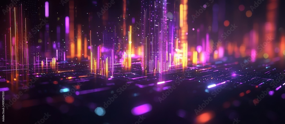 Poster abstract neon cityscape with glowing lines and bokeh effects
