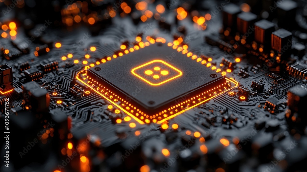 Poster A Close-Up of a Microchip with a Glowing Icon on a Circuit Board