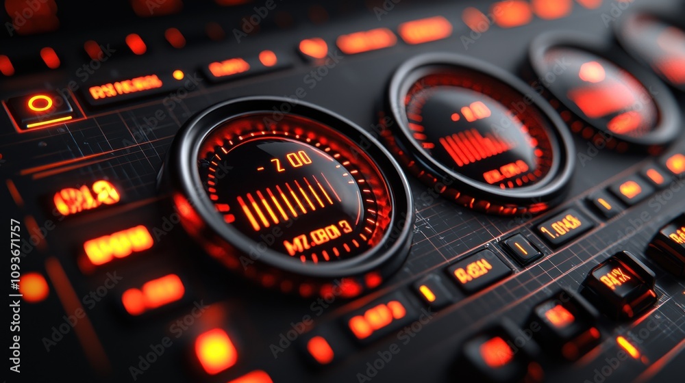 Leinwandbilder Close-up of a futuristic control panel with glowing red gauges and buttons